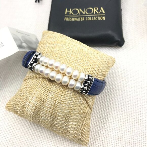 Vintage QVC Honora Double Row Pearl Blue Genuine Leather Buckle Bracelet - Picture 9 of 10